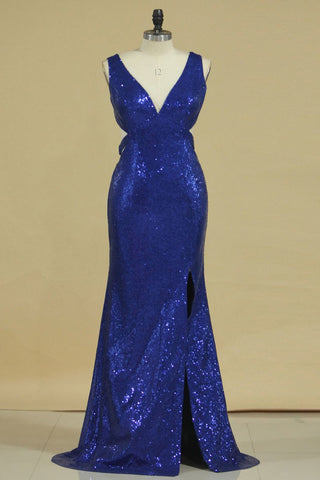 Sexy Open Back V Neck Sequins With Slit Prom Dresses Sheath Dark Royal Blue