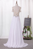 Prom Dresses A Line Straps Beaded Bodice Chiffon Sweep Train