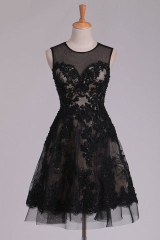 Homecoming Dresses A Line Scoop Black Lace With Beads & Applique