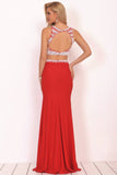 Two-Piece Scoop Prom Dresses Spandex With Beads And Slit