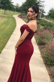 Mermaid Off the Shoulder Burgundy Prom Dresses with Slit, Lace Appliques Evening Dress SJS15264