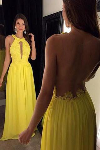 Yellow Elegant Long Beaded Chiffon Pageant Backless Prom Dresses