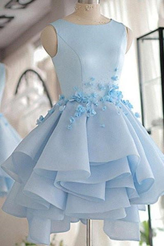 Sky Blue A-line Scoop Neck Satin Tulle Short Flowers Original Mini Dress Homecoming Dress