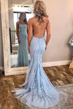 Elegant Spaghetti Straps Sky Blue Mermaid Backless Scoop Pageant Prom Dresses JS93