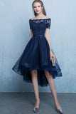 Dark Blue Lace Tulle Short Sleeve High Low Round Neck A-Line Short Prom Dresses JS408