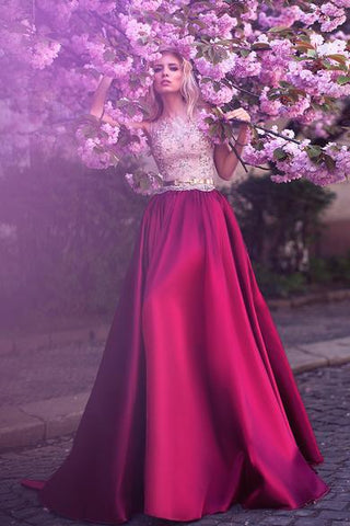 Romantic A-Line Jewel Rose Red Satin Round Neck Prom Dresses with Lace Appliques JS458