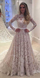 A-Line Backless Bowknot Scalloped Ivory Long Sleeve Backless Lace Wedding Dresses UK JS330