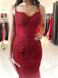 Cheap Red Spaghetti Straps Sweetheart Mermaid With Lace Appliques Prom Dresses JS121