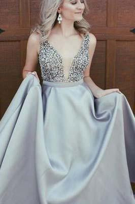 Sexy Elegant Sparkly Beads Top A-line Open Back V-Neck Stretch Satin Prom Dresses JS408