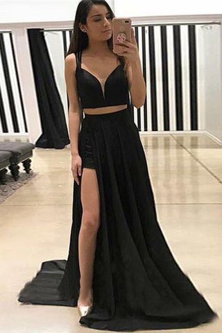 Sexy A Line V Neck Two Piece Sweetheart Cross Back Split Black Long Prom Dresses JS137