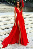 Elegant Red Split V-Neck A-Line Chiffon Sexy Floor-Length Prom Dresses JS506