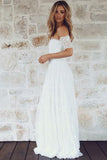 A-Line Off-the-Shoulder Short Sleeves Backless White Lace Boho Wedding Dresses UK JS365