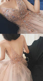 Fashion V-neck A-Line Tulle Prom Dresses with Beading Popular Evening Dresses