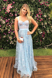 Chic Sky Blue Floor Length Lace A-Line Evening Dresses Straps Prom Dresses