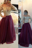 Burgundy Princess Lace Bodice Long Sleeves A-Line Organza Dark Red Evening Dresses JS14