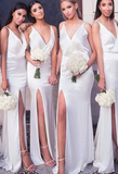 Sexy Mermaid Ivory V Neck Split Long Bridesmaid Dresses Sleeveless Prom Dresses JS918