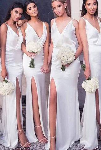 Sexy Mermaid Ivory V Neck Split Long Bridesmaid Dresses Sleeveless Prom Dresses JS918