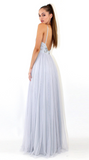 Light Grey Backless Spaghetti Straps Lace Tulle Long A-line V-Neck Prom Dresses JS529