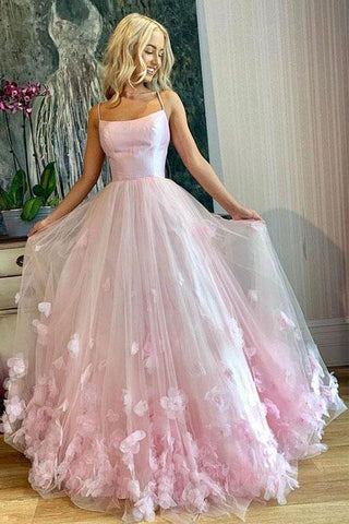 Princess Pink Spaghetti Straps Prom Dresses Scoop Long Cheap Dance Dress With Flowers