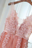 Charming Appliques Tulle V-Neck Beads Sleeveless Scoop Pearl Pink Prom Dresses JS408