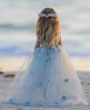 Blue Round Neck Ball Gown Tulle Sleeveless Flower Girl Dresses