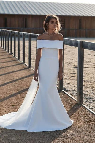 Simple Satin Off The Shoulder Wedding Dresses Beautiful Beach Bridal Dresses