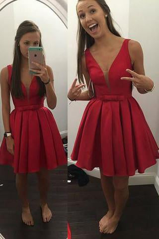 A-line Knee-Length V-neck Satin Red/Blue Ribbon Homecoming Dress JS457