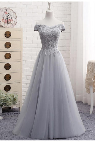 A-Line Gray Lace Off the Shoulder Tulle Lace-up Sweetheart Prom Dresses JS157