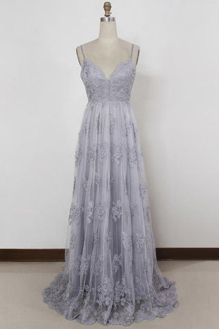 Sheath Spaghetti Straps Sweep Train Backless Lavender Tulle with Appliques Prom Dresses JS156