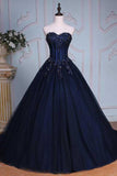 Princess Ball Gown Sweetheart Navy Blue Beads Ruffles Long Tulle Prom Dresses with Lace up JS236