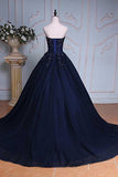 Princess Ball Gown Sweetheart Navy Blue Beads Ruffles Long Tulle Prom Dresses with Lace up JS236