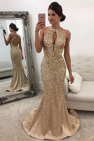 Mermaid Sleeveless Halter Sequins Golden Open Back Sweep Train Satin Prom Dresses JS556