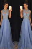 Sky Blue A Line Prom Dresses Tulle Skirt Lace Bodice Prom Gowns JS104