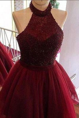 Burgundy A-line Halter Beading Backless Homecoming Dress JS539