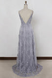 Sheath Spaghetti Straps Sweep Train Backless Lavender Tulle with Appliques Prom Dresses JS156