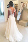 A Line Round Neckline Chiffon Lace Long Open Back Sleeves Wedding Dresses