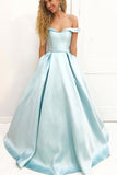 Light Blue A Line Brush Train Off Shoulder Sweetheart Sleeveless Prom Dresses UK JS576