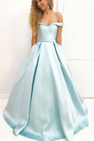 Light Blue A Line Brush Train Off Shoulder Sweetheart Sleeveless Prom Dresses UK JS576