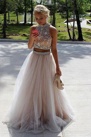 Two Piece High Neck Open Back Tulle Sequins Sleeveless Floor-Length Prom Dresses JS394