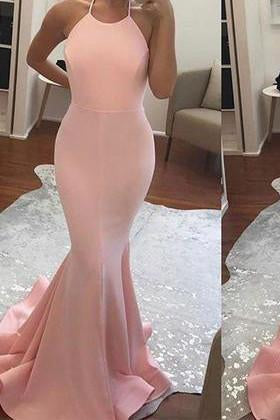 Halter Mermaid Halter Pink Backless Long Sleeveless Floor Length Long Prom Dresses JS766