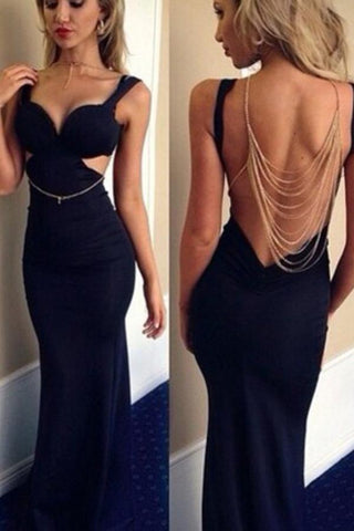 Mermaid V-Neck Floor-Length Backless Spandex Sleeveless Navy Blue Prom Dresses JS614