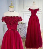 A-line Tulle Burgundy Short Sleeve Off-the-Shoulder Scoop Hand-Made Flower Prom Dresses JS776