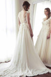 A-Line V-Neck Chiffon with Lace Appliqued Cap Sleeves Ivory Chapel Train Wedding Dresses JS883