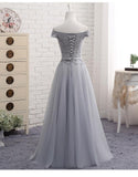 Cute A line Gray Lace Off Shoulder Lace-up Prom Dress with Appliques Graduation Dresses JS105