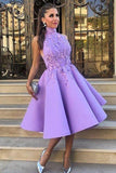 A-Line High Neck Tea-Length Sleeveless Purple Satin Homecoming Dress with Appliques JS119