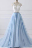 A-Line Lace Open Back V-Neck with Sash Blue and White Cap Sleeve Prom Dresses UK JS432