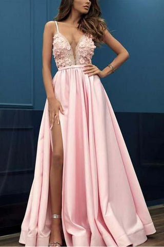 A Line Pink V Neck Sleeveless Spaghetti Straps High Slit Prom Dresses With Appliques JS366