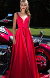 New A-Line Appliques Beads Floor Length Deep V-Neck Red Sexy Elegant Prom Dresses UK JS484