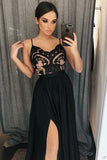 Unique A-Line Chiffon Spaghetti Straps Black Split Long Sweetheart Prom Dress with Lace JS631