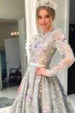 A Line Long Sleeve High Neck Beads Grey Beads Flowers Party Dresses,Prom Dresses uk PW313